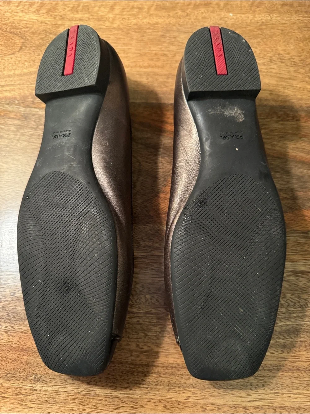 Prada Brown Leather Square-Toe Flats with Black Patent Toe
